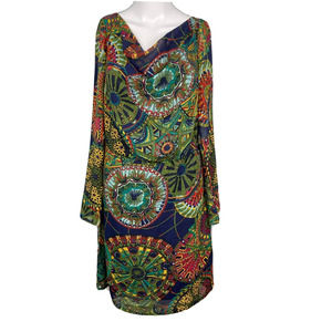 Nico‎ LA Dress Womens Sz L Navy Blue Gold Chiffon Medallion Print Flowy